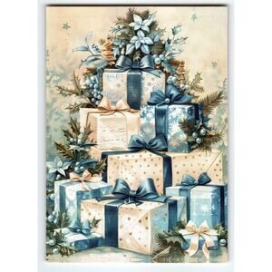 Vintage Christmas Lithograph Postcard Blue Gift Boxes & Holly 5.5x4"